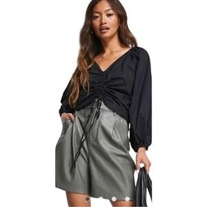 CeCe Black V Neck Ruched Drawstring Balloon Sleeve Blouse Top Size S